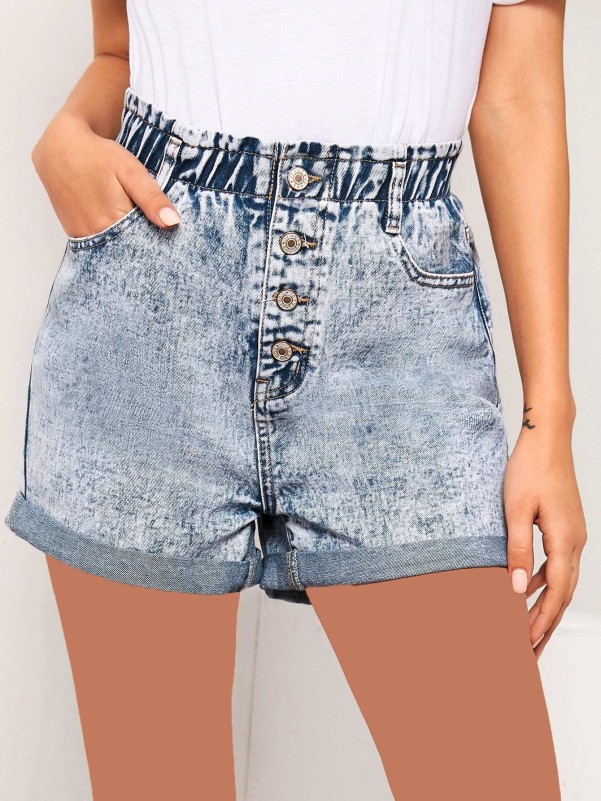 Roll Up Hem Button Fly Denim Shorts