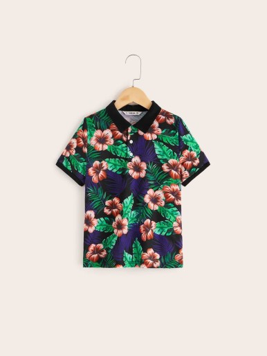 Boys Tropical Print Contrast Collar and Cuff Polo Shirt