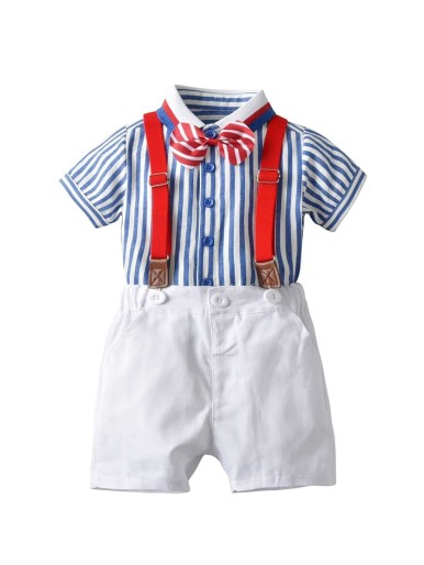 Toddler Boys Bow Front Stripe Shirt & Suspender Pants