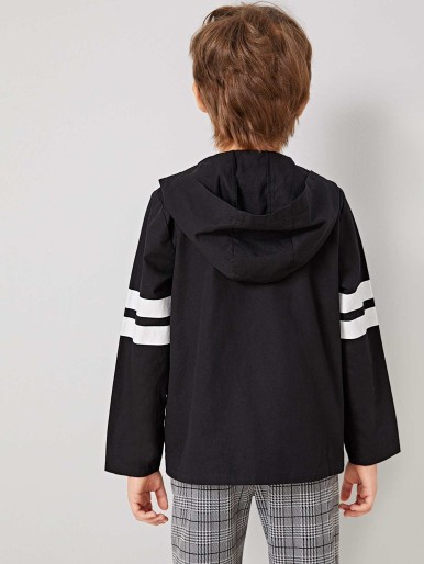 Boys Zip Up Flap Pocket Striped Sleeve Hooded Jacket