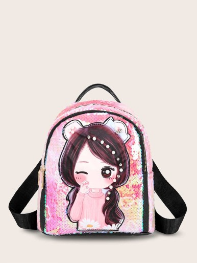 Girls Figure Graphic Faux Pearl Decor Backpack