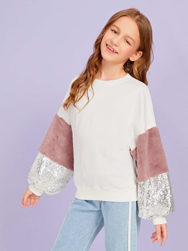 Girls Contrast Faux Fur & Sequin Lantern Sleeve Pullover