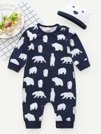 Baby Polar Bear Print Jumpsuit With Hat