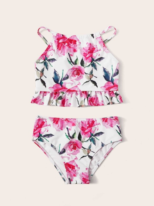 Toddler Girls Floral Print Ruffle Trim Top With High Waisted Bikini