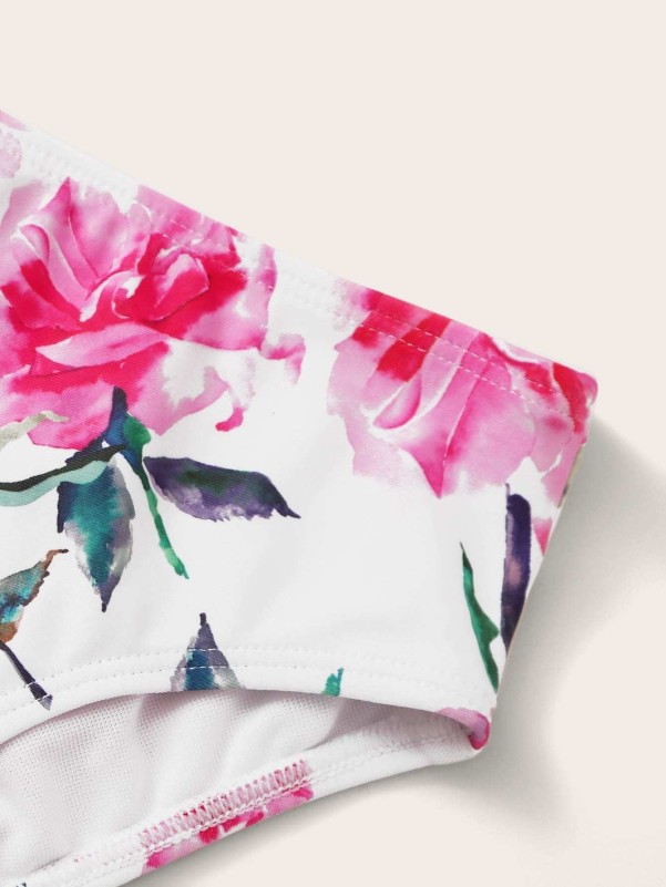 Toddler Girls Floral Print Ruffle Trim Top With High Waisted Bikini