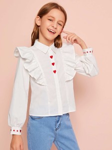 Girls Ruffle Trim Heart & Dot Embroidered Blouse