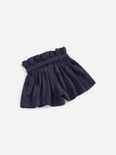 Girls Self Belted Solid Shorts