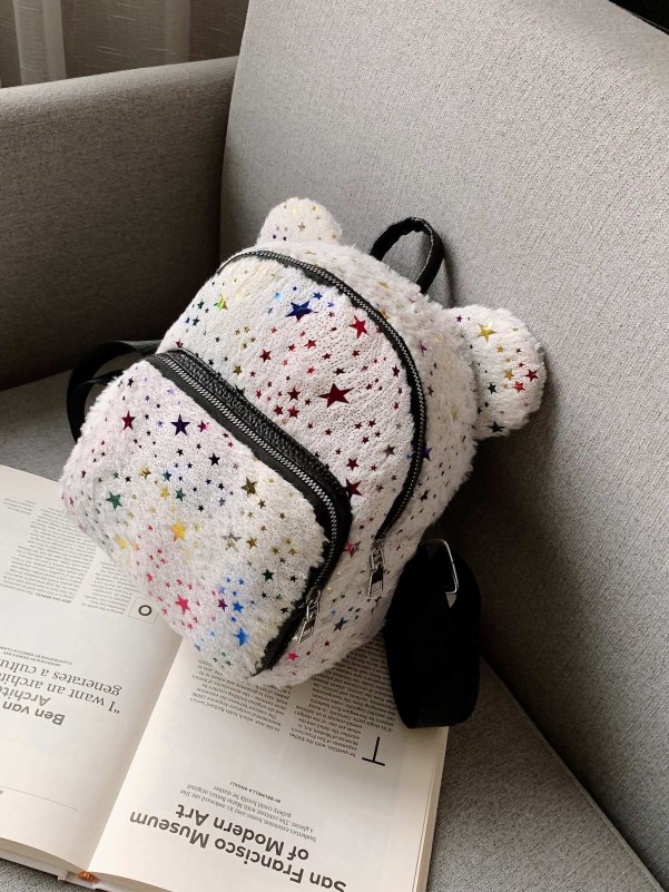 Girls Star Pattern Fluffy Backpack