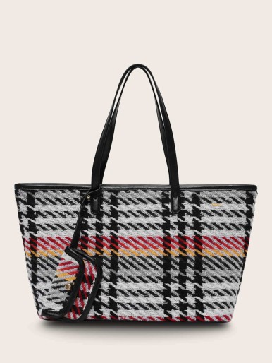 Houndstooth Tote Bag With Wallet