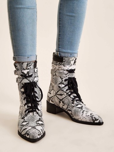 Point Toe Snakeskin Lace-up Boots