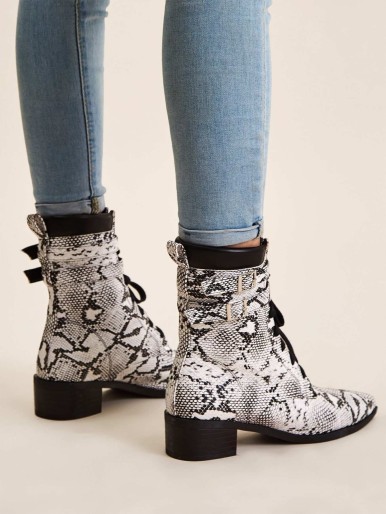 Point Toe Snakeskin Lace-up Boots