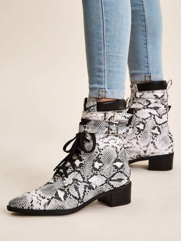 Point Toe Snakeskin Lace-up Boots