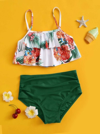 Girls Tropical Tiered Layer Ruched Bikini Swimsuit