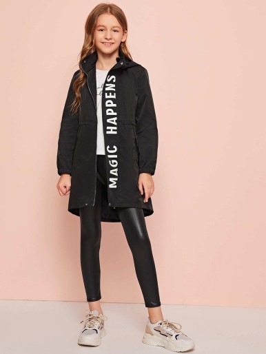 Girls Slogan Graphic Hooded Windbreaker Jacket