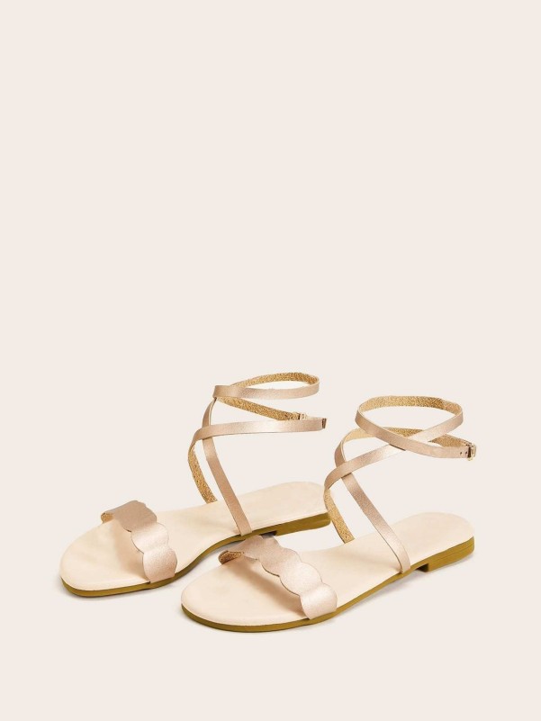 Scalloped Trim Ankle Strap Sandals