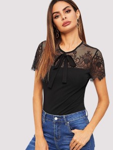 Lace Off Shoulder Top With Bow Design