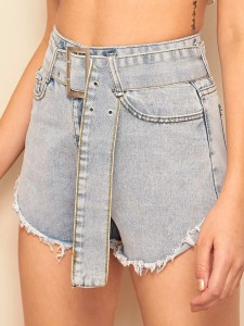 Raw Hem Belted Stitch Detail Denim Shorts