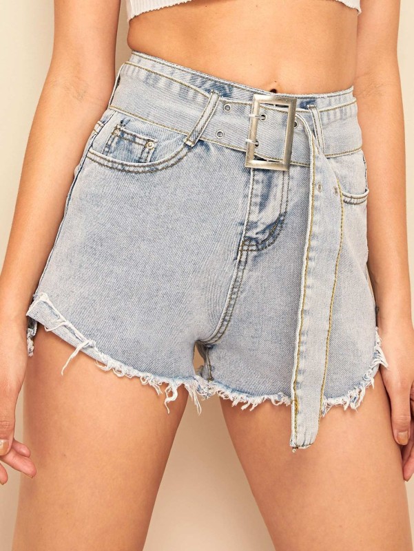 Raw Hem Belted Stitch Detail Denim Shorts