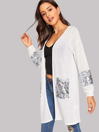 Open Front Sequin Detail Ribbed Duster Coat