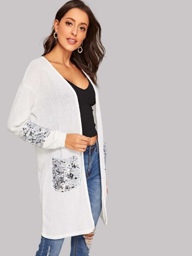 Open Front Sequin Detail Ribbed Duster Coat