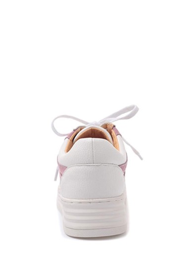 White and Pink Faux Leather Lace Up Low Top Sneakers