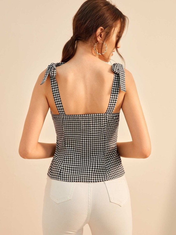 Gingham Button Front Straps Top