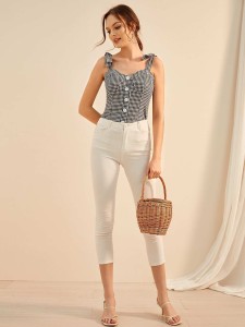 Gingham Button Front Straps Top