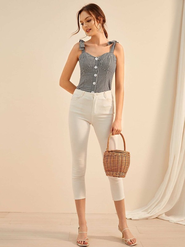 Gingham Button Front Straps Top