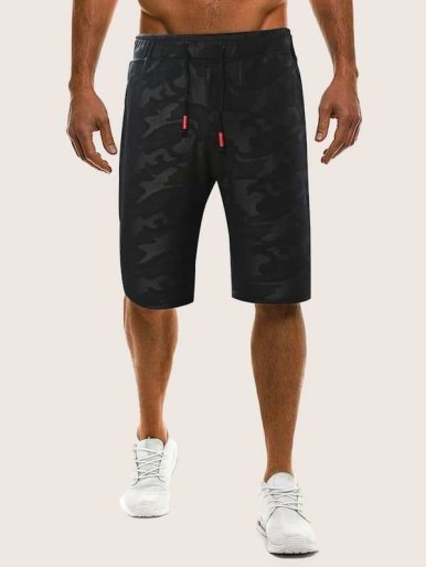 Black Casual Camouflage Men's shorts Drawstring