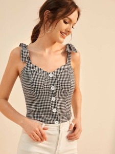 Gingham Button Front Straps Top