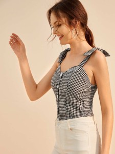 Gingham Button Front Straps Top