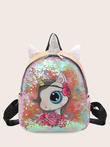 Girls Sequins Decor Unicorn Pattern Backpack