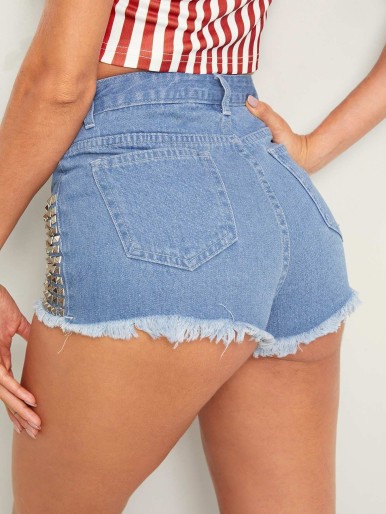 Studded Detail Raw Hem Denim Shorts