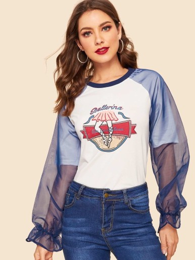 Mesh Raglan Sleeve Letter Print Tee