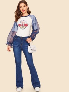 Mesh Raglan Sleeve Letter Print Tee