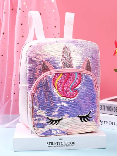 حقيبة ظهر بتصميم يونيكورن مزينة بالترتر للفتيات الصغيرات