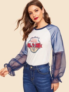 Mesh Raglan Sleeve Letter Print Tee