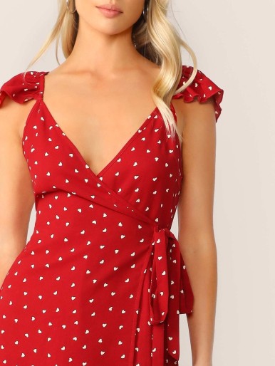 Ruffle Trim Surplice Wrap Heart Print Romper