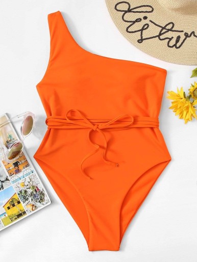 One Shoulder Belted One Piece Swimsuit