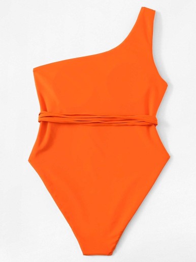 One Shoulder Belted One Piece Swimsuit