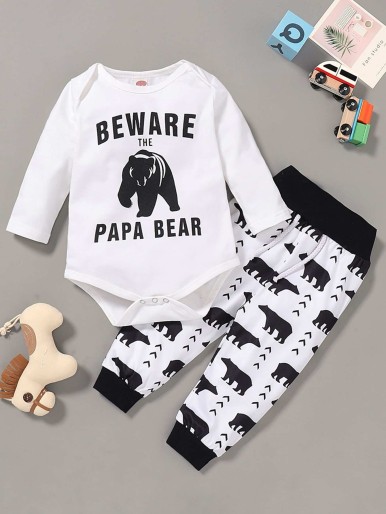 Baby Boy Bear Print Romper With Sweatpants