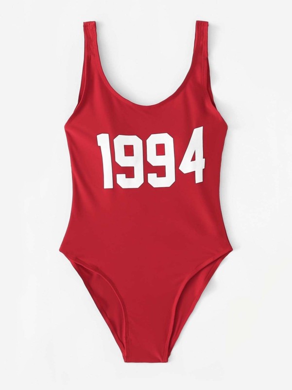 Letter Print Low Back One Piece Swimsuit