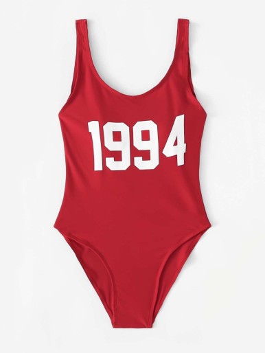 Letter Print Low Back One Piece Swimsuit