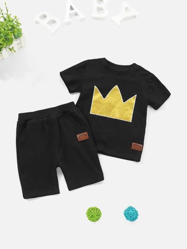 Toddler Boys Imperial Crown Print Patched Tee With Shorts