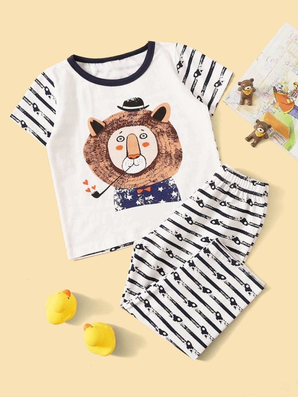Toddler Boys Lion Graphic Striped Pajama Set