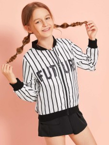 Girls Letter and Striped Bomber Jacket