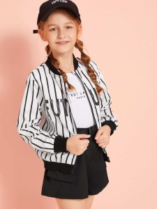 Girls Letter and Striped Bomber Jacket