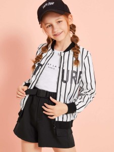 Girls Letter and Striped Bomber Jacket