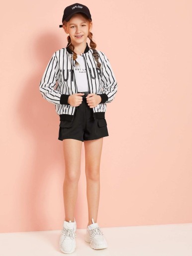 Girls Letter and Striped Bomber Jacket