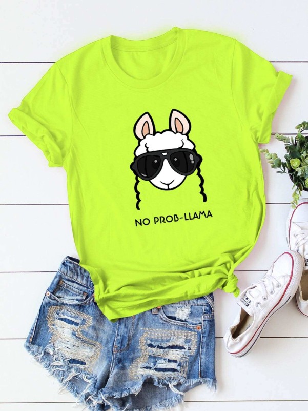 Neon Lime Letter And Animal Print Tee